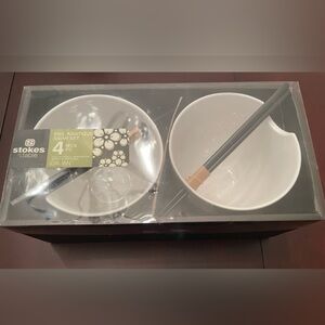 Asian-Inspired White Dinnerware Set with Black Chopsticks